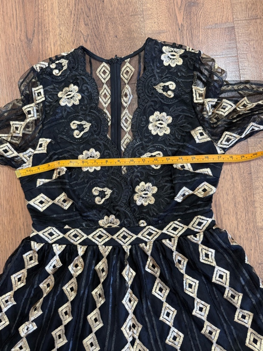 SWEET LEMON Black & Gold Embroidered Mesh Romper Lace Geometric size M - Picture 2 of 13